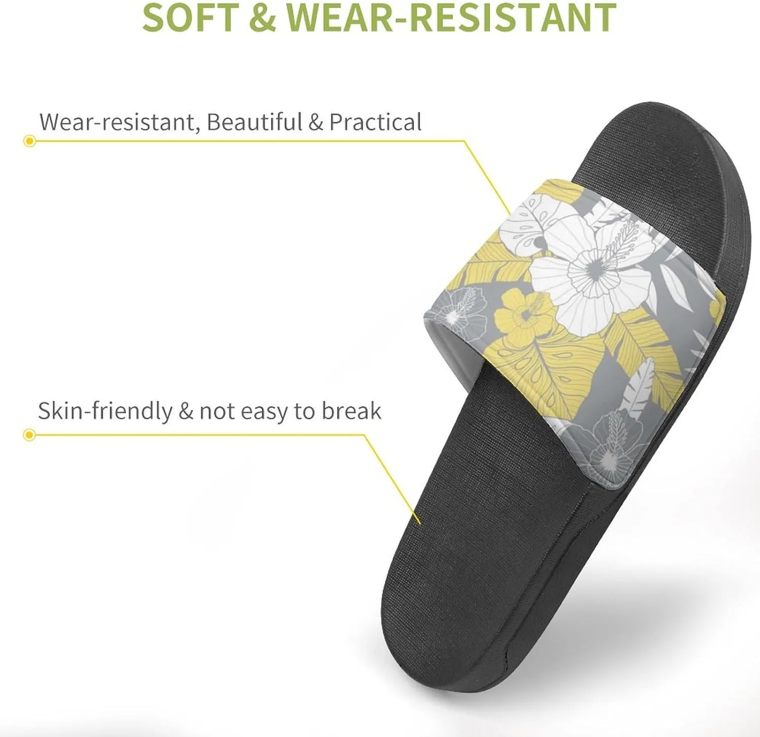 Women Men Slide Slippers Sandals Shower Home Beach House Shoes Gifts, Light Yellow Grey Tropical Floral