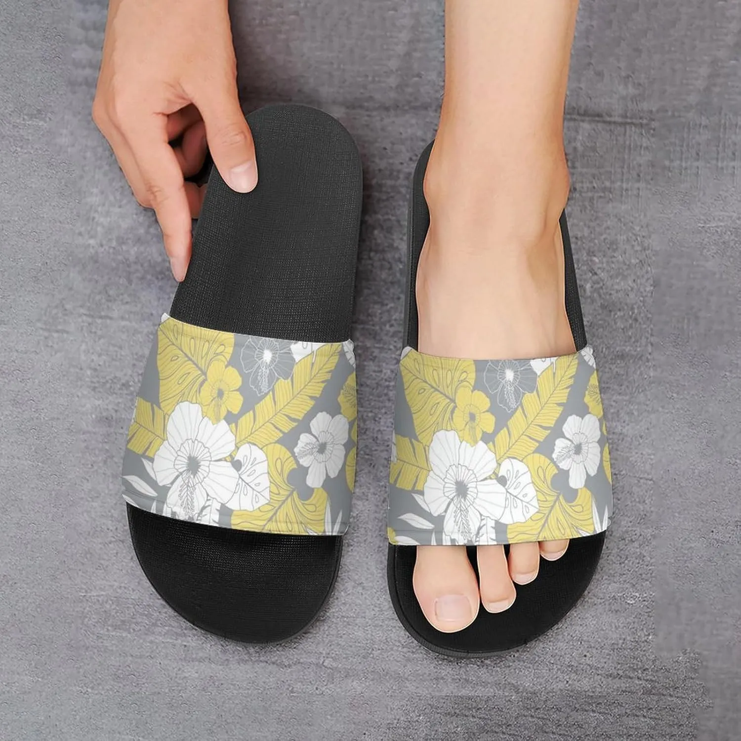 Women Men Slide Slippers Sandals Shower Home Beach House Shoes Gifts, Light Yellow Grey Tropical Floral