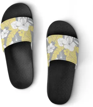 Women Men Slide Slippers Sandals Shower Home Beach House Shoes Gifts, Light Yellow Grey Tropical Floral
