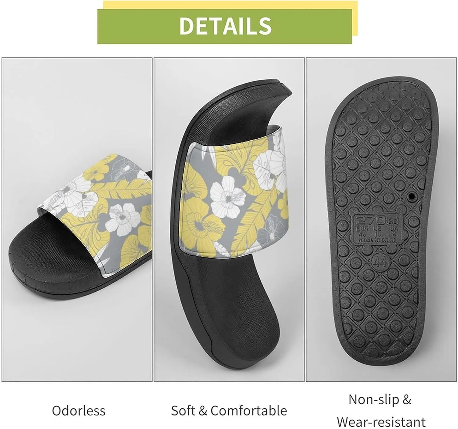 Women Men Slide Slippers Sandals Shower Home Beach House Shoes Gifts, Light Yellow Grey Tropical Floral