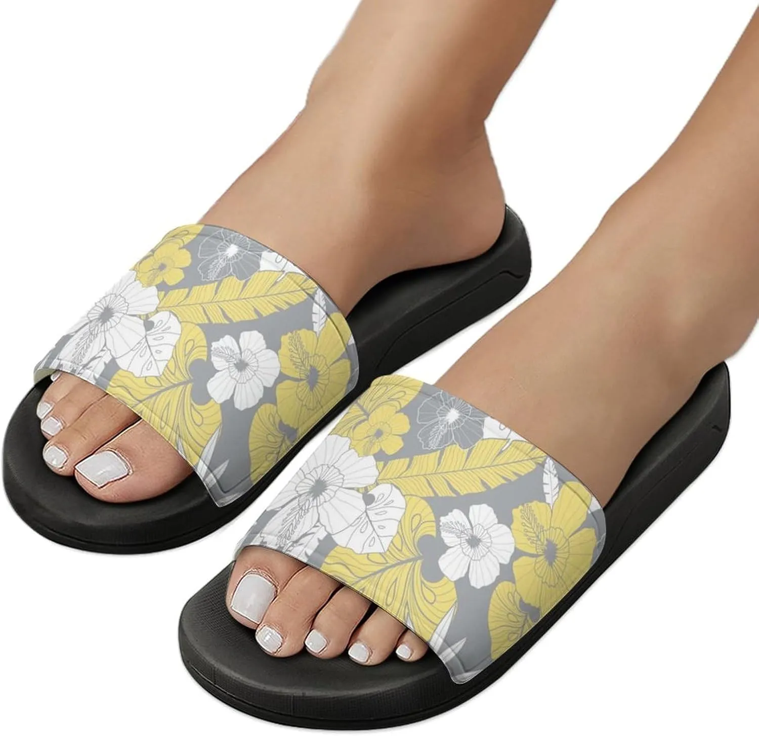Women Men Slide Slippers Sandals Shower Home Beach House Shoes Gifts, Light Yellow Grey Tropical Floral