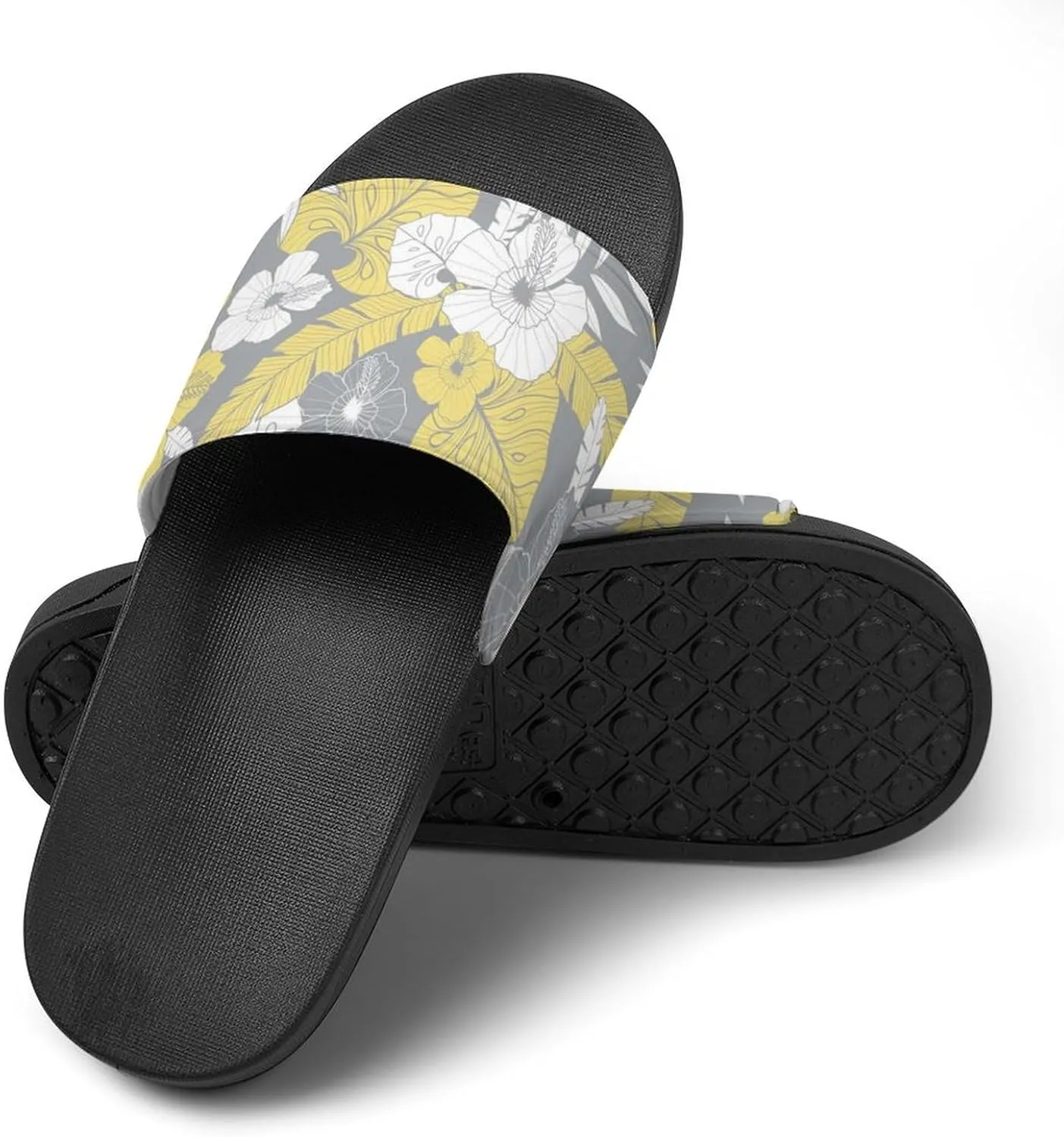 Women Men Slide Slippers Sandals Shower Home Beach House Shoes Gifts, Light Yellow Grey Tropical Floral
