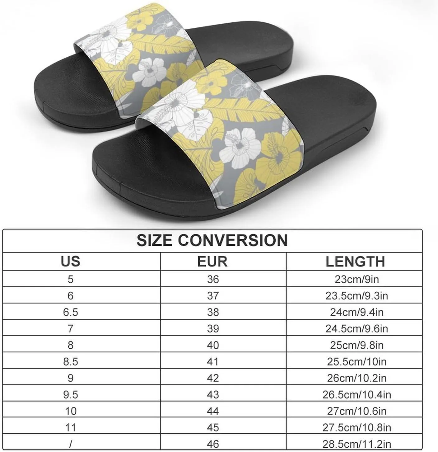 Women Men Slide Slippers Sandals Shower Home Beach House Shoes Gifts, Light Yellow Grey Tropical Floral