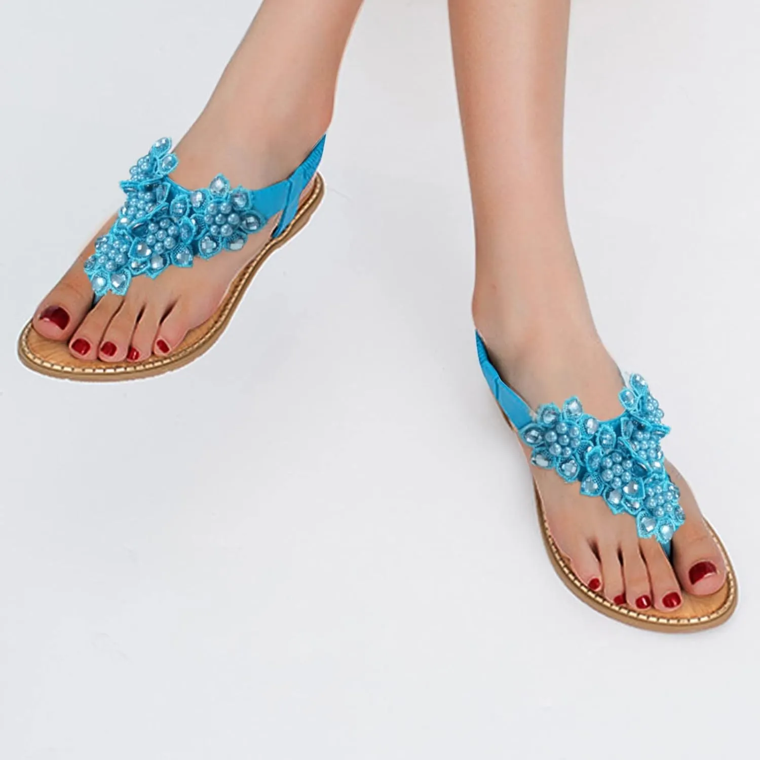 Women Sandal Flowers Pearl Party Dress Shoes Elastic Ankle Strap Open Toe Flip Flops Summer Clip Toe Sandals
