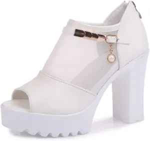 Women Sandal Sexy Pumps Romantic Wedding Dress Shoes Breathable Mesh Platform Sandals Square High Heel Summer Shoes (Color : White, Shoe Size : 7)