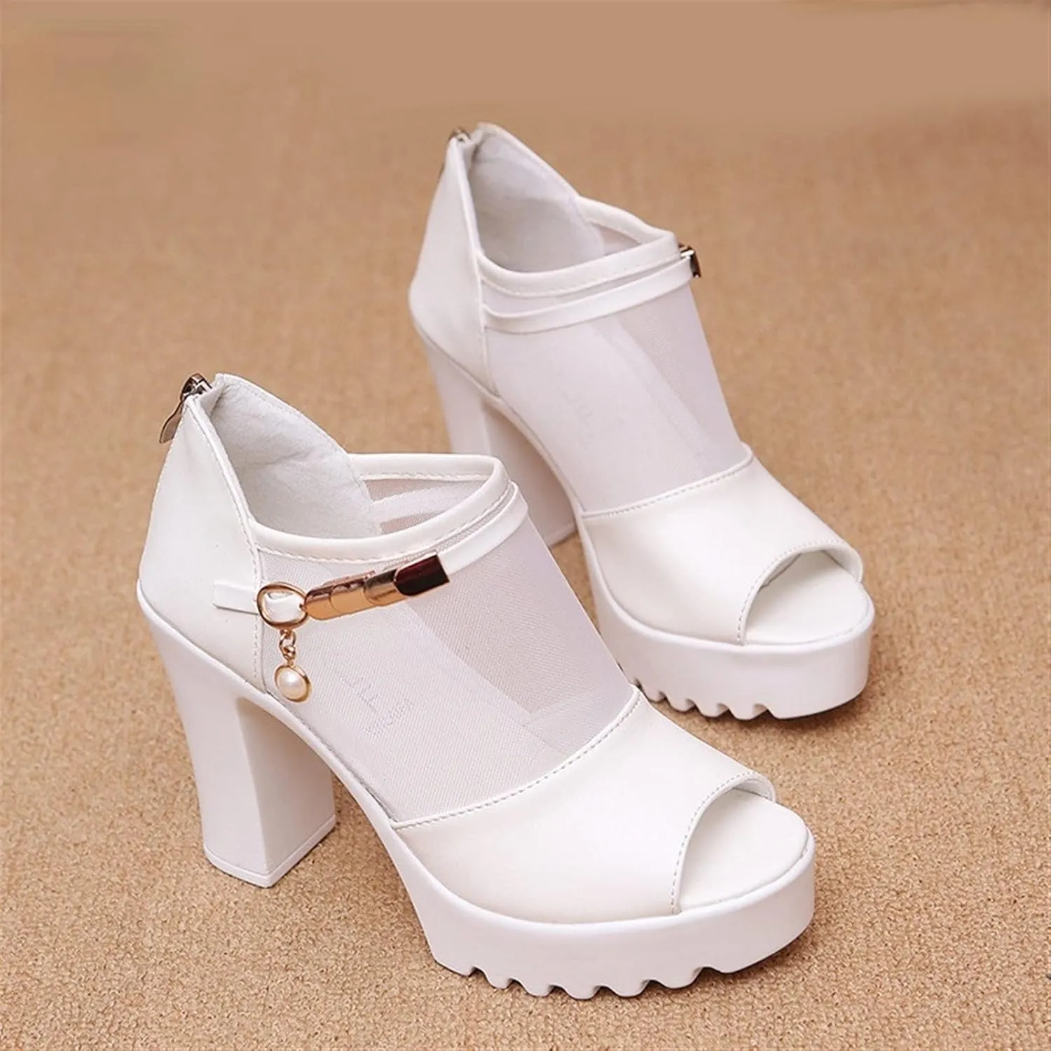 Women Sandal Sexy Pumps Romantic Wedding Dress Shoes Breathable Mesh Platform Sandals Square High Heel Summer Shoes (Color : White, Shoe Size : 7)