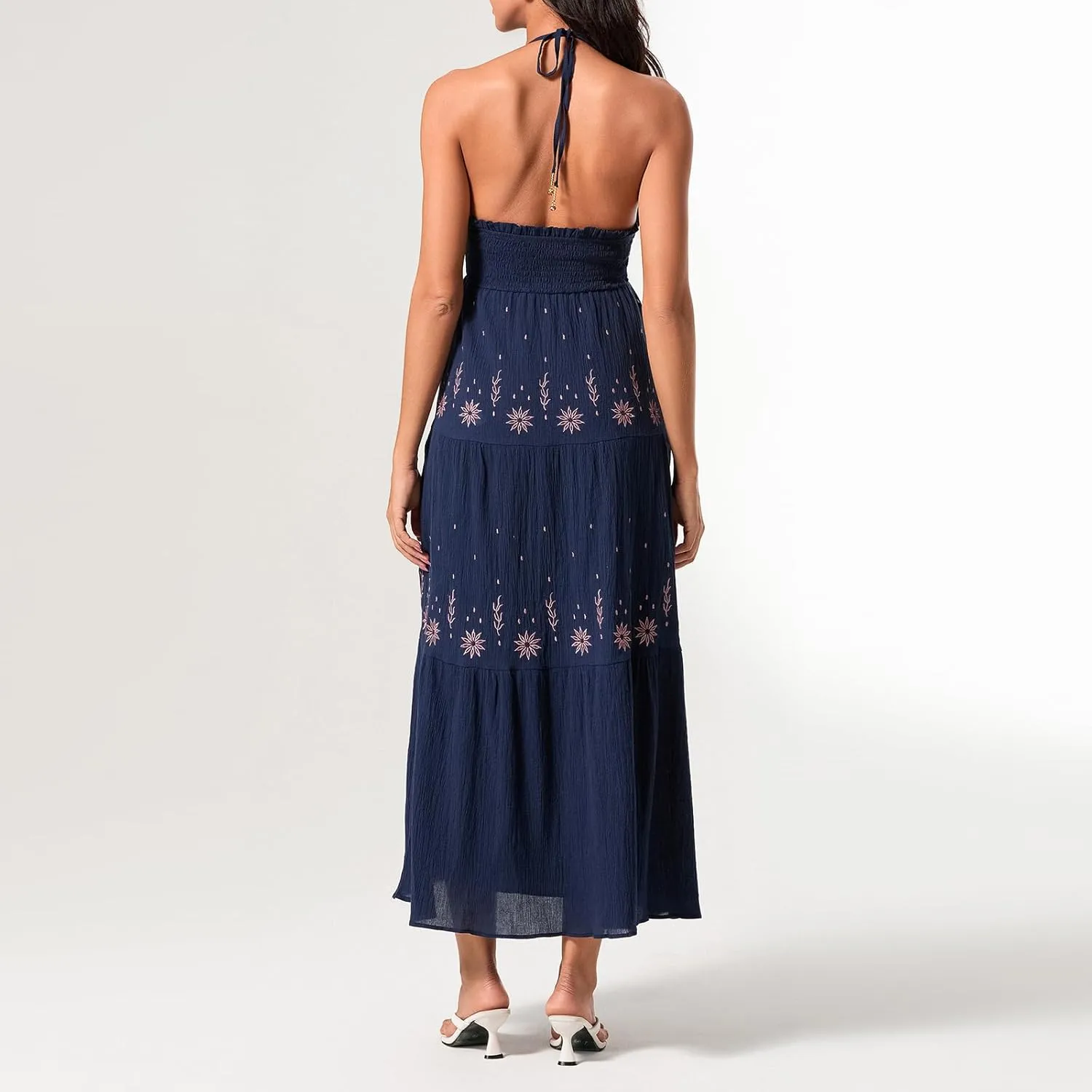 Women Sexy Tie-Up Halter Neck Dress Flower Embroidery Backless Flowy Boho Maxi Dress Tiered Summer Sundress