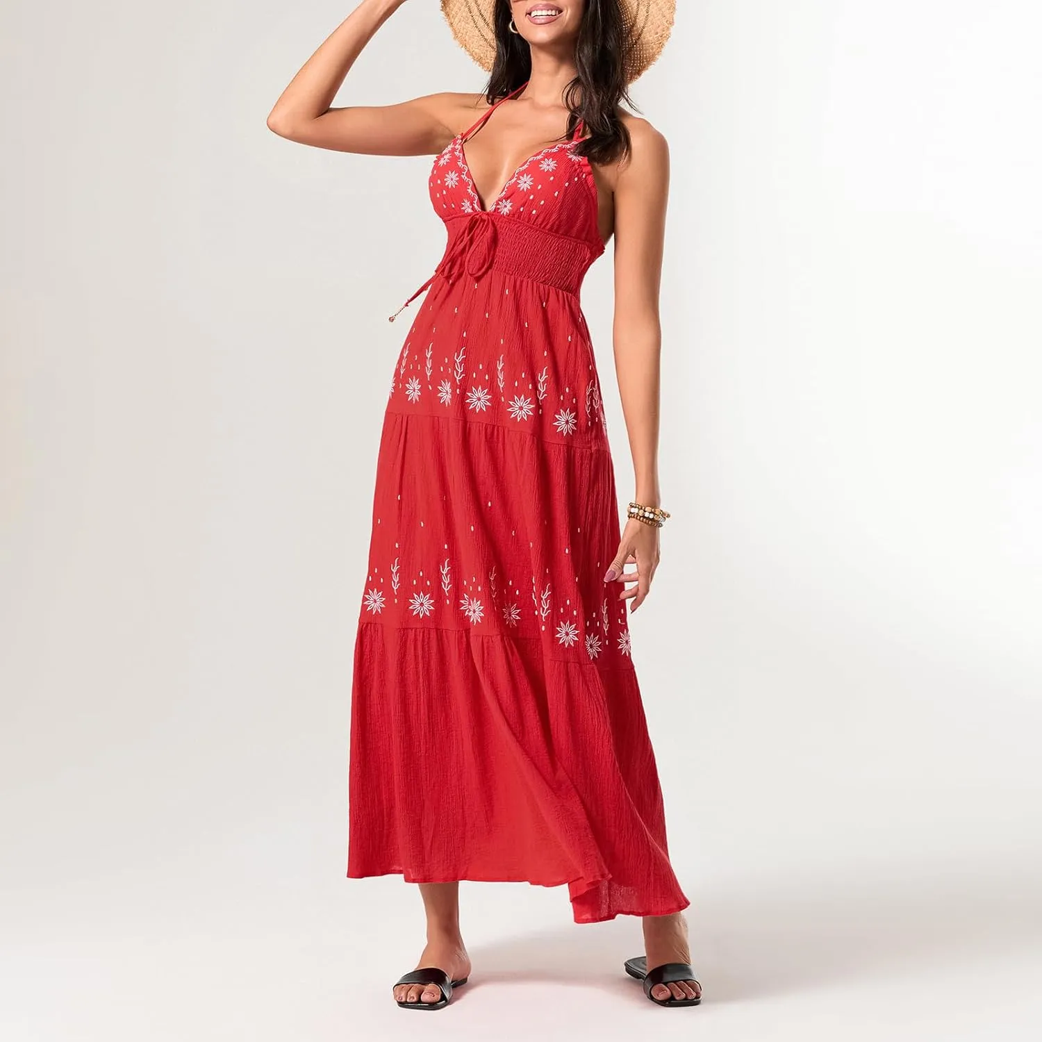 Women Sexy Tie-Up Halter Neck Dress Flower Embroidery Backless Flowy Boho Maxi Dress Tiered Summer Sundress