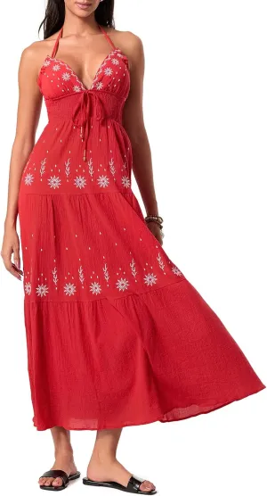 Women Sexy Tie-Up Halter Neck Dress Flower Embroidery Backless Flowy Boho Maxi Dress Tiered Summer Sundress