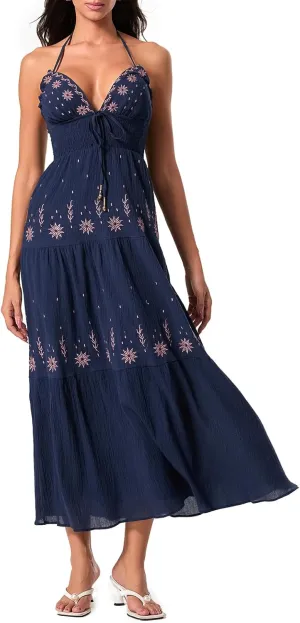 Women Sexy Tie-Up Halter Neck Dress Flower Embroidery Backless Flowy Boho Maxi Dress Tiered Summer Sundress