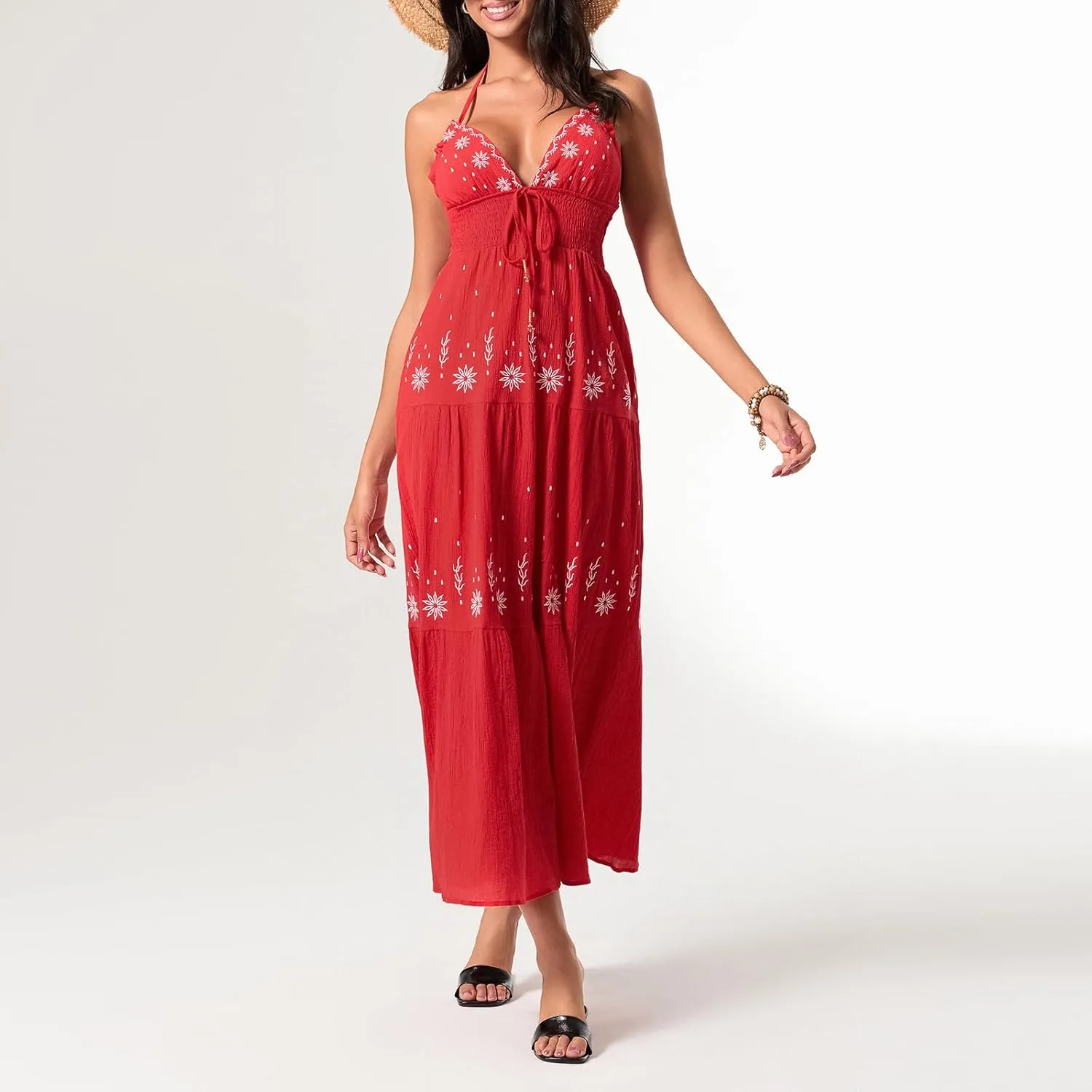 Women Sexy Tie-Up Halter Neck Dress Flower Embroidery Backless Flowy Boho Maxi Dress Tiered Summer Sundress