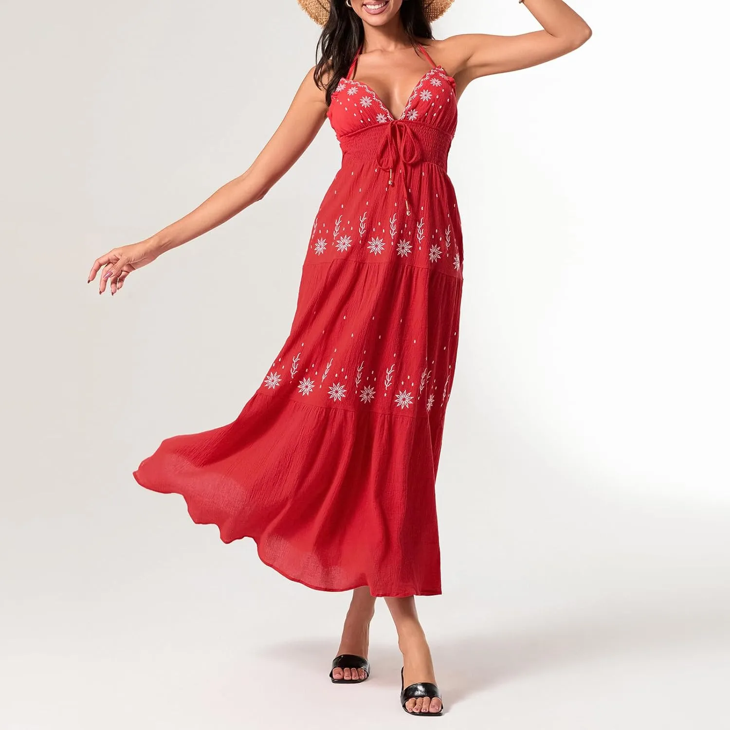 Women Sexy Tie-Up Halter Neck Dress Flower Embroidery Backless Flowy Boho Maxi Dress Tiered Summer Sundress
