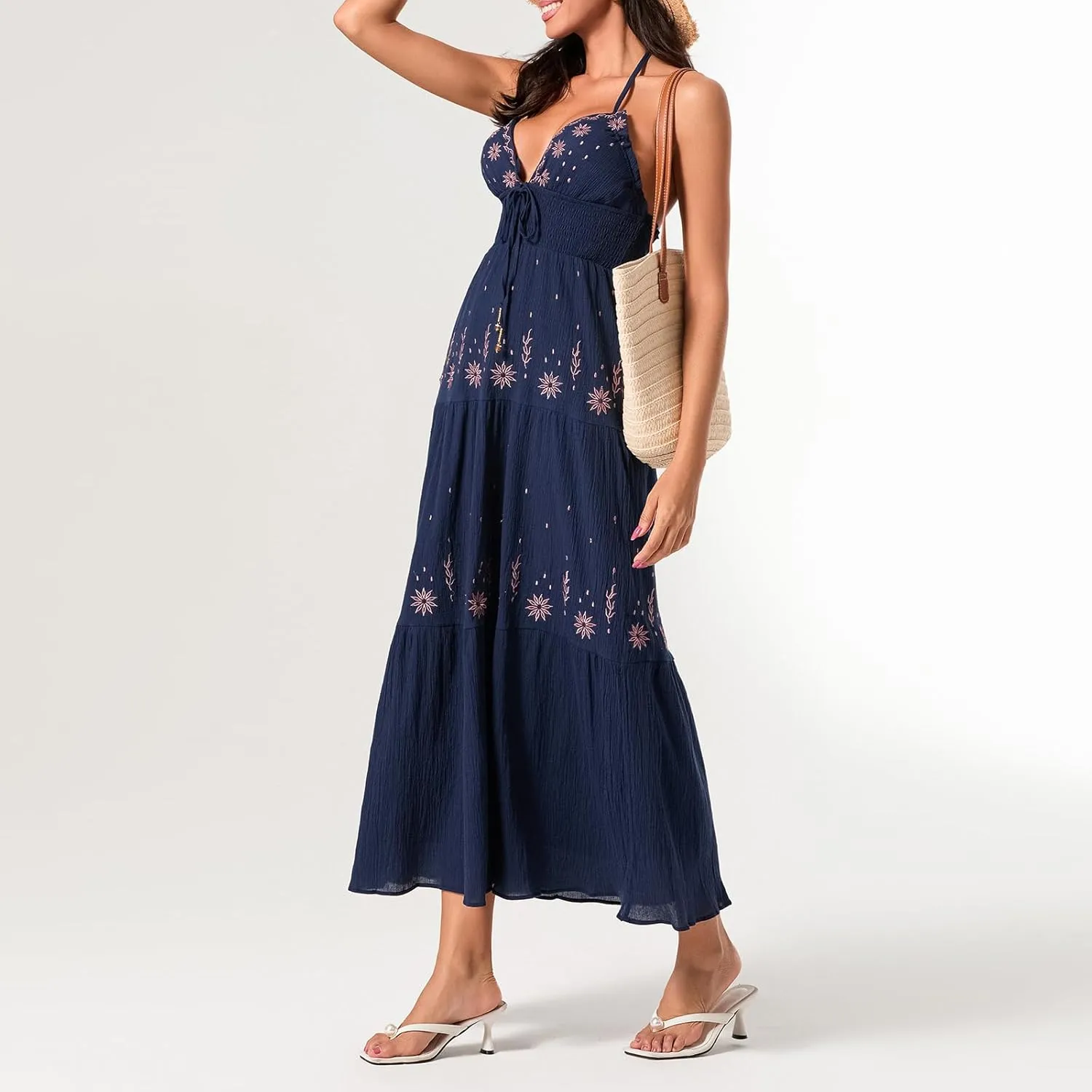 Women Sexy Tie-Up Halter Neck Dress Flower Embroidery Backless Flowy Boho Maxi Dress Tiered Summer Sundress