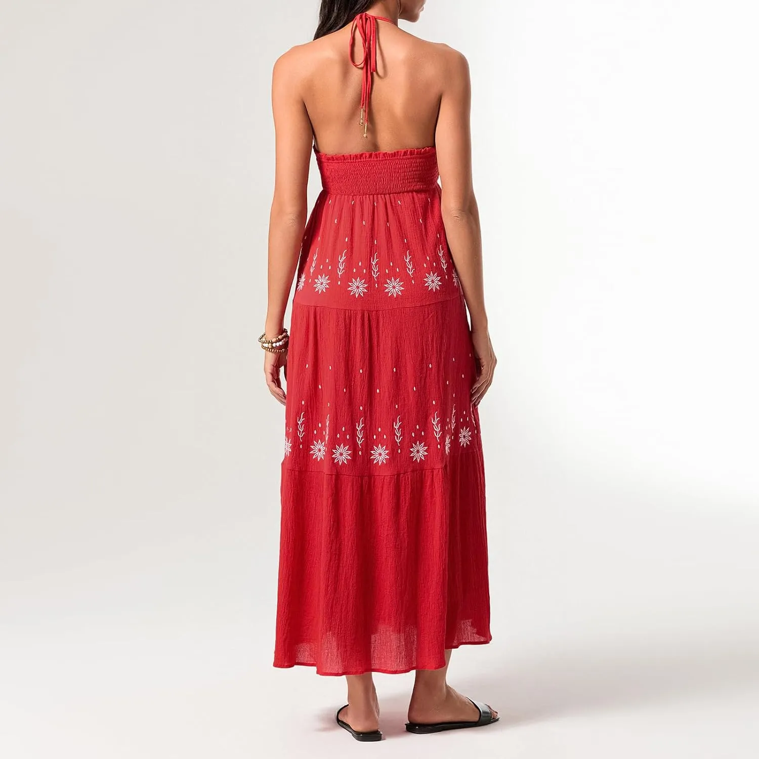 Women Sexy Tie-Up Halter Neck Dress Flower Embroidery Backless Flowy Boho Maxi Dress Tiered Summer Sundress