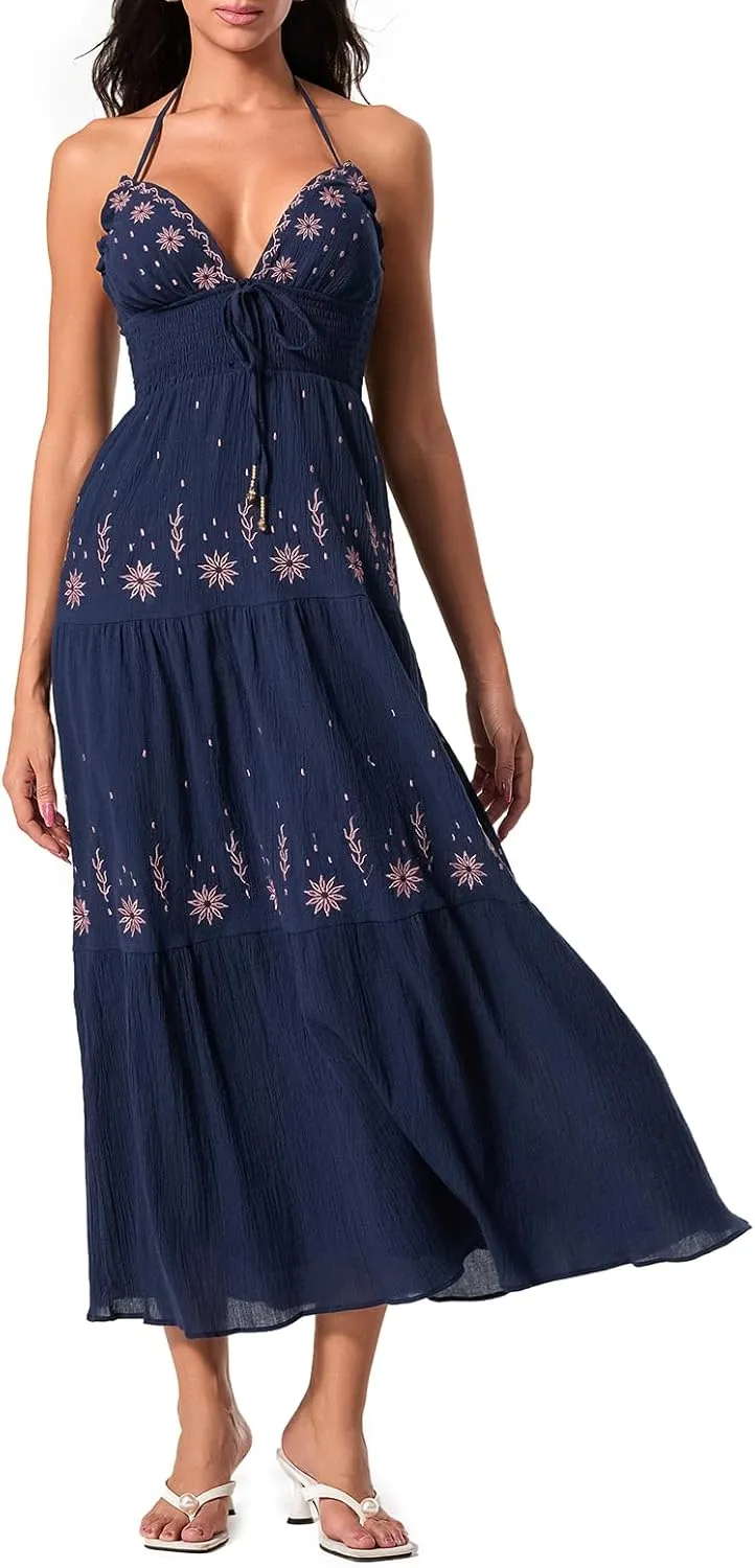 Women Sexy Tie-Up Halter Neck Dress Flower Embroidery Backless Flowy Boho Maxi Dress Tiered Summer Sundress