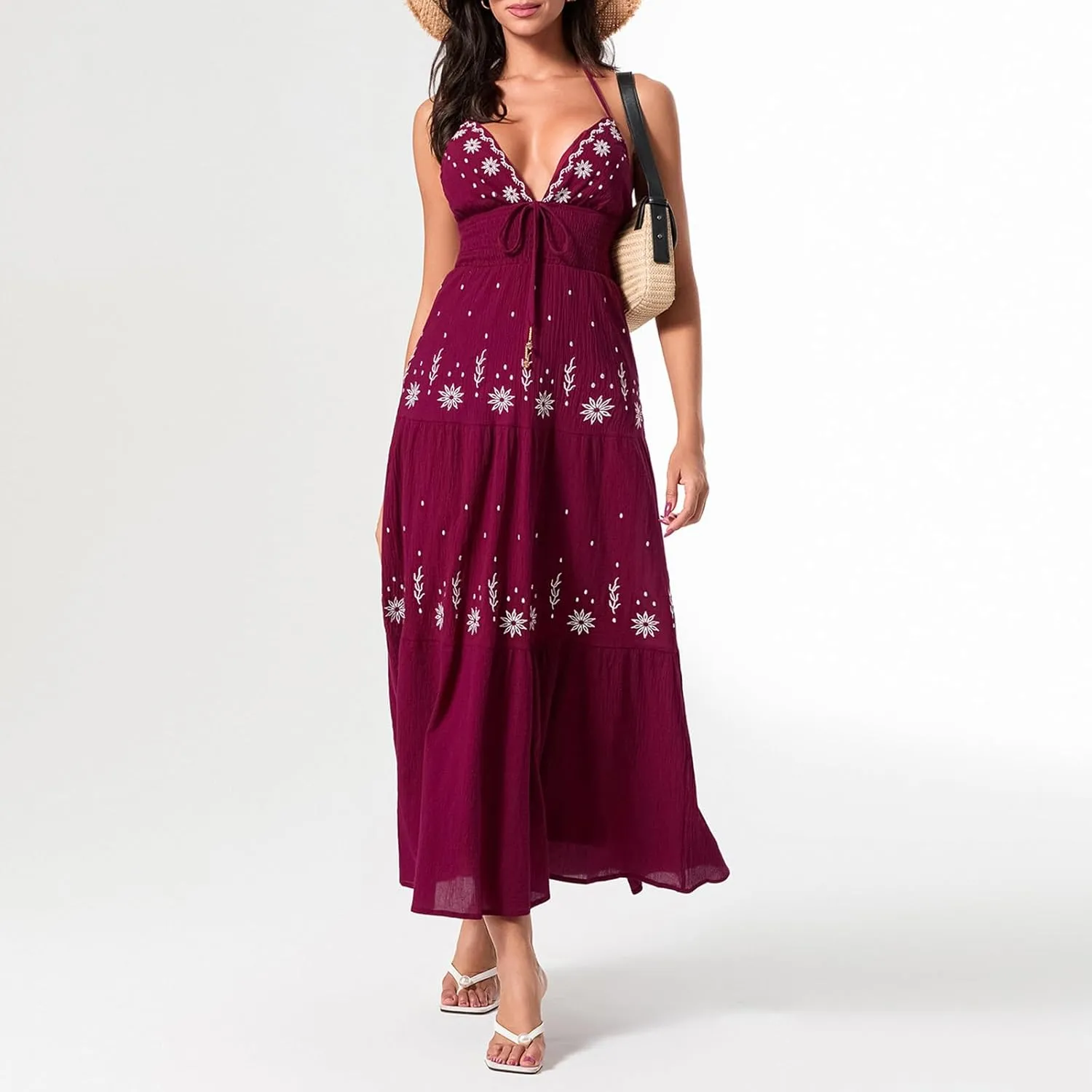 Women Summer Casual Long Flower Embroidery Tie-Up Halter Neck Sleeveless Fashion Backless A-line Dress