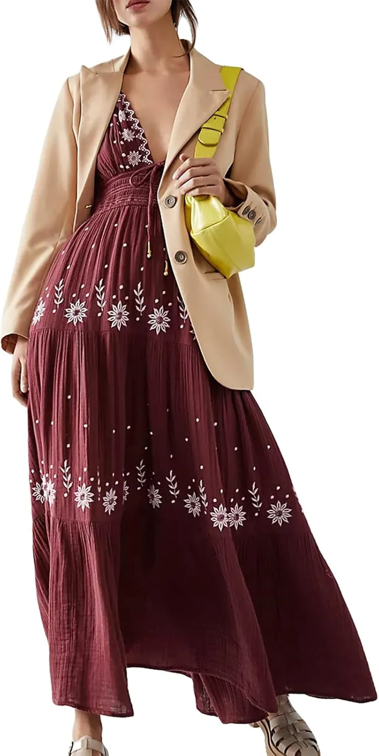Women Summer Casual Long Flower Embroidery Tie-Up Halter Neck Sleeveless Fashion Backless A-line Dress