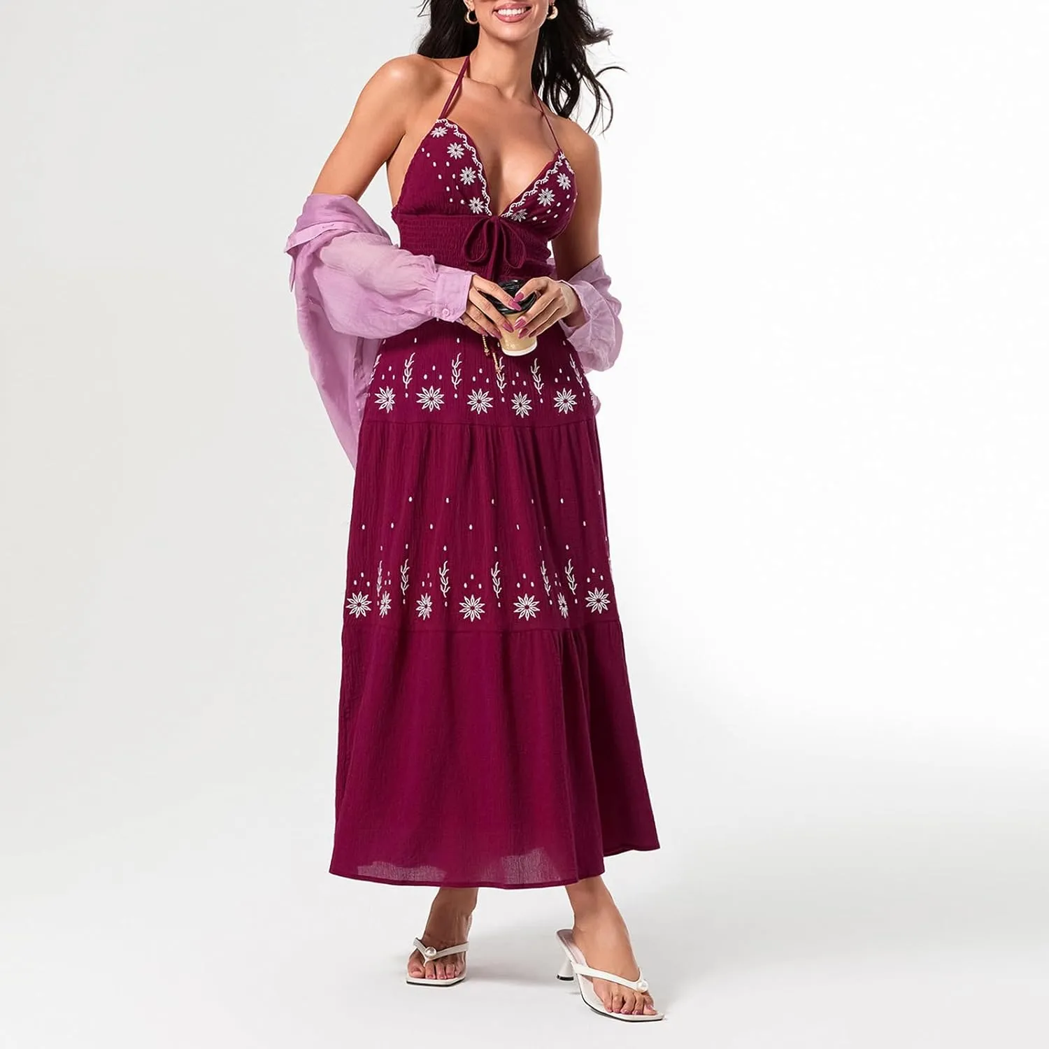 Women Summer Casual Long Flower Embroidery Tie-Up Halter Neck Sleeveless Fashion Backless A-line Dress