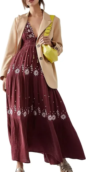 Women Summer Casual Long Flower Embroidery Tie-Up Halter Neck Sleeveless Fashion Backless A-line Dress