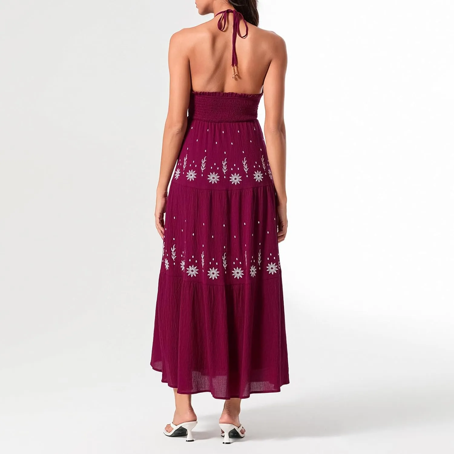 Women Summer Casual Long Flower Embroidery Tie-Up Halter Neck Sleeveless Fashion Backless A-line Dress