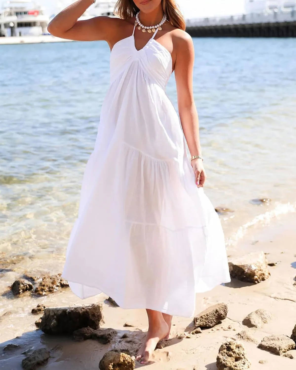 Women Summer Halter Smocked Long Dress Spaghetti Strap Ruffle Tiered Flowy Backless Maxi Dress Beach Sundress