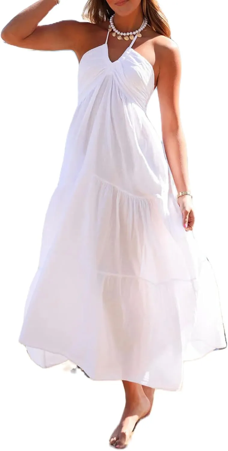 Women Summer Halter Smocked Long Dress Spaghetti Strap Ruffle Tiered Flowy Backless Maxi Dress Beach Sundress