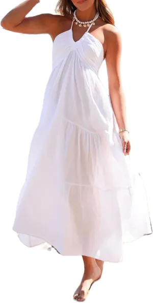 Women Summer Halter Smocked Long Dress Spaghetti Strap Ruffle Tiered Flowy Backless Maxi Dress Beach Sundress