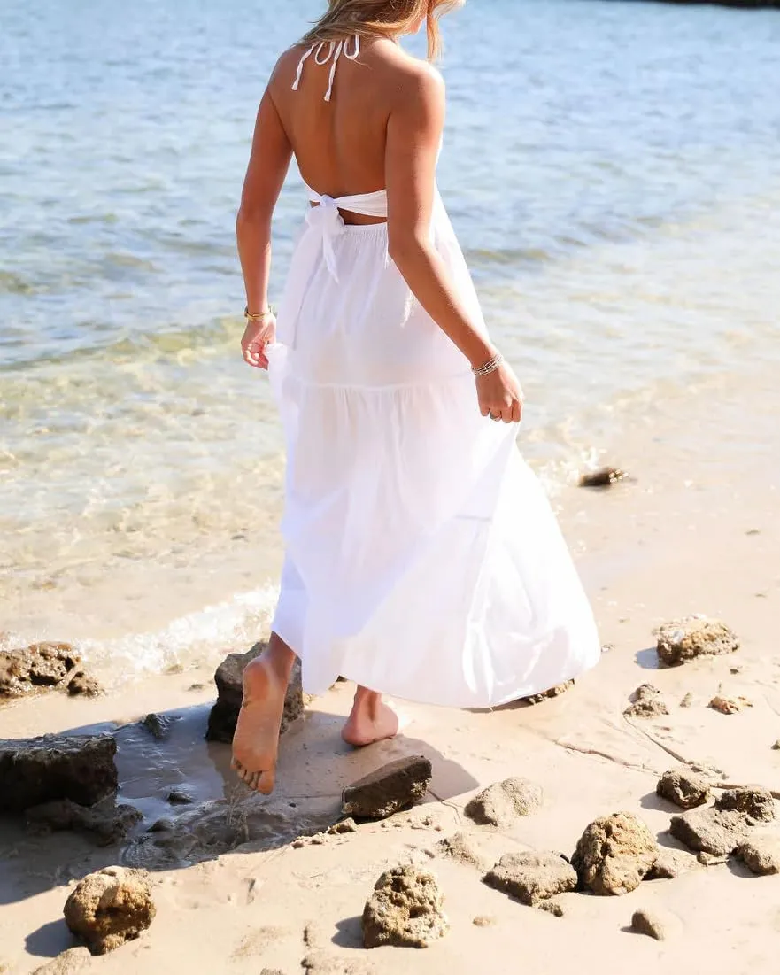 Women Summer Halter Smocked Long Dress Spaghetti Strap Ruffle Tiered Flowy Backless Maxi Dress Beach Sundress