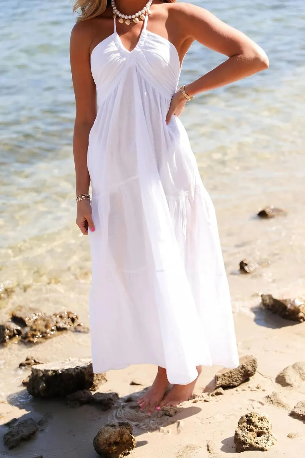 Women Summer Halter Smocked Long Dress Spaghetti Strap Ruffle Tiered Flowy Backless Maxi Dress Beach Sundress