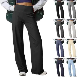 Women Wide Leg Yoga Pants with Pockets High Waist Stretch Dress Pants Tummy Control Straight Leg Lounge Sweatpant