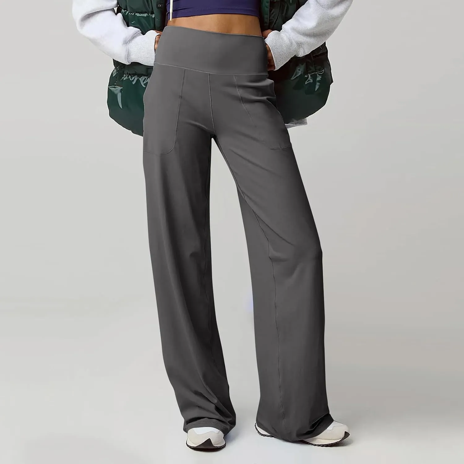 Women Wide Leg Yoga Pants with Pockets High Waist Stretch Dress Pants Tummy Control Straight Leg Lounge Sweatpant