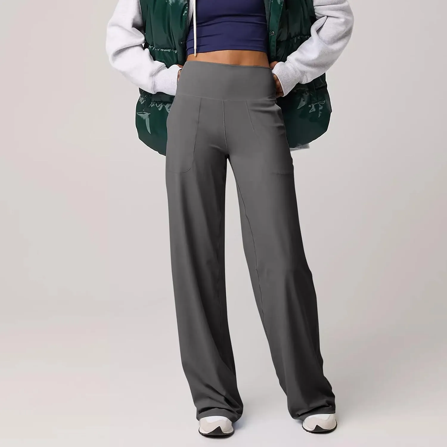 Women Wide Leg Yoga Pants with Pockets High Waist Stretch Dress Pants Tummy Control Straight Leg Lounge Sweatpant