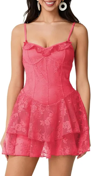 Women Y2K Spaghetti Strap Lace Bustier Mini Dress Sexy Sleeveless Ruched Split Bodycon Party Night Out Dress