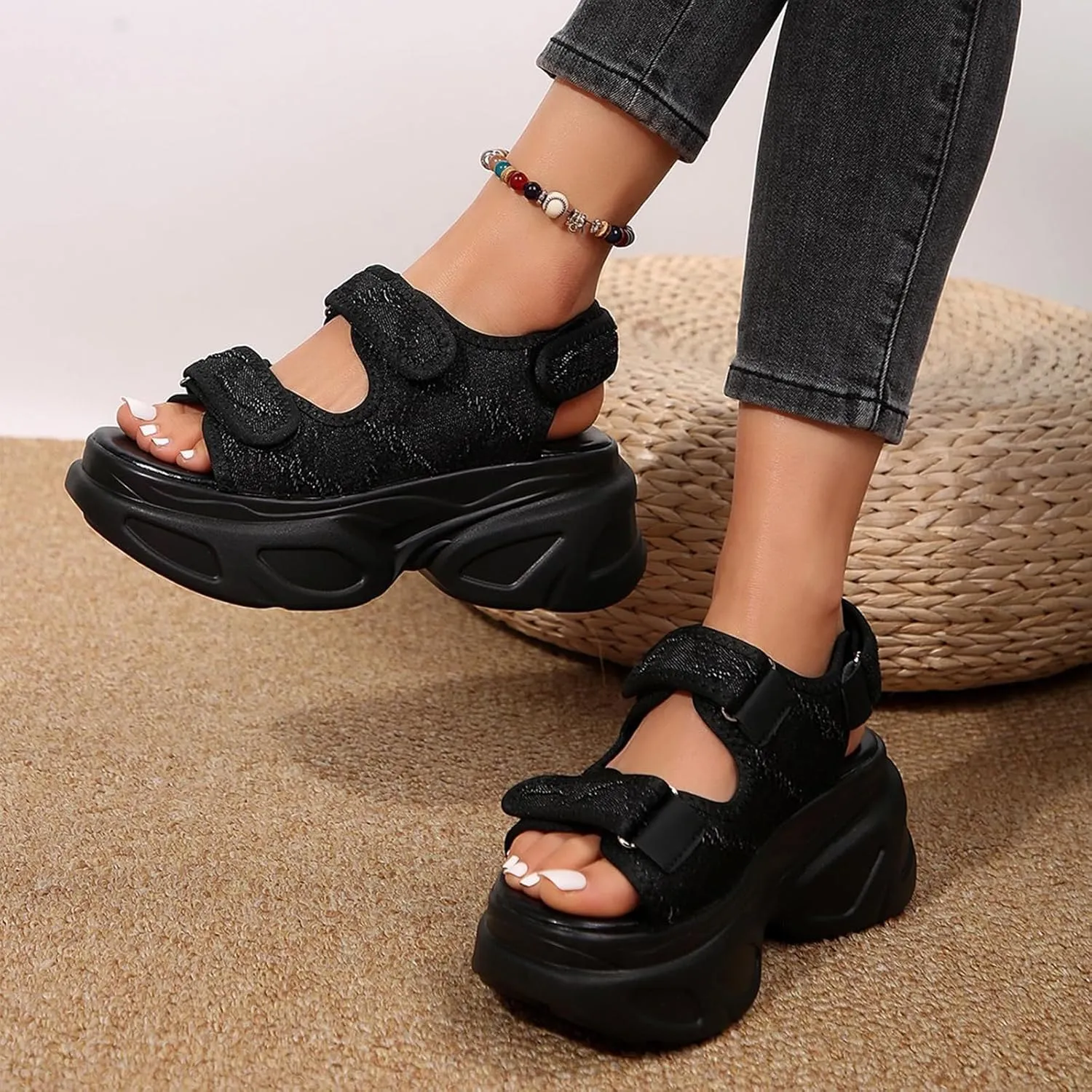 Women's Adjustable Hook and Loop Open Toe Platform Sport Sandals Summer Outdoor Wedge Orthotic Walking Sandals Casual Beach Sandals