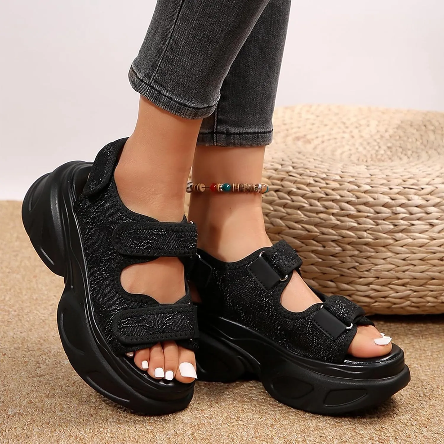 Women's Adjustable Hook and Loop Open Toe Platform Sport Sandals Summer Outdoor Wedge Orthotic Walking Sandals Casual Beach Sandals