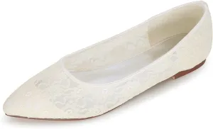 Womens Ballet Flat Elegant Lace Satin Pointed Toe Flats Slip on Bridal Wedding Bridesmaid Prom Shoes
