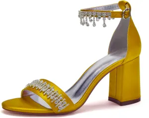 Women's Beaded Crystal Wedding Sandals for Bride Block Heels Satin Bridal Shoes Formal Evening Prom Party Shoes