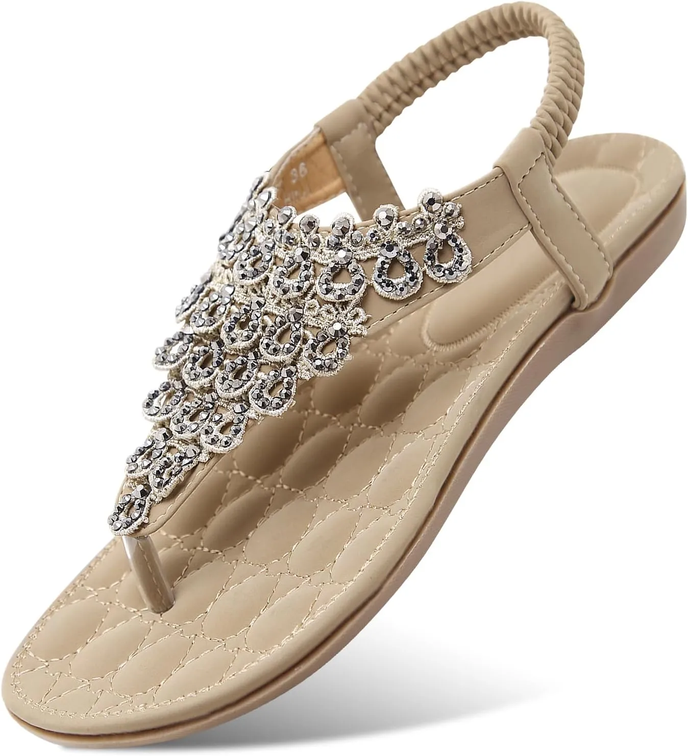 Women's Beaded Rhinestones Sandals T-Strap Bohemian Sandals Breathable Dressy Summer Shoes Outdoor