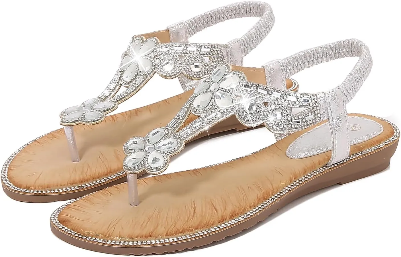 Women's Beaded Rhinestones Sandals T-Strap Bohemian Sandals Breathable Dressy Summer Shoes Outdoor