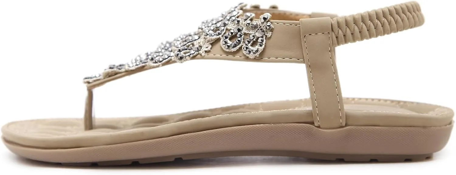 Women's Beaded Rhinestones Sandals T-Strap Bohemian Sandals Breathable Dressy Summer Shoes Outdoor