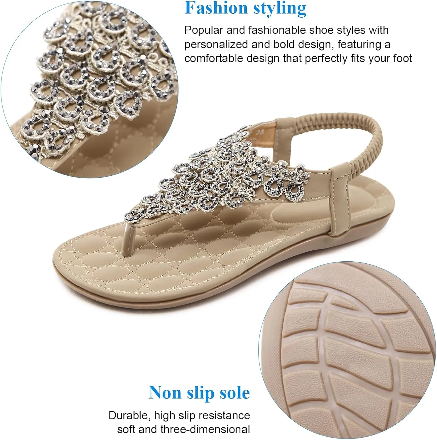 Women's Beaded Rhinestones Sandals T-Strap Bohemian Sandals Breathable Dressy Summer Shoes Outdoor