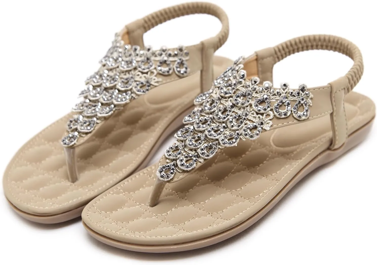 Women's Beaded Rhinestones Sandals T-Strap Bohemian Sandals Breathable Dressy Summer Shoes Outdoor