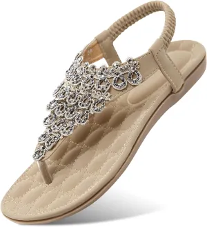 Women's Beaded Rhinestones Sandals T-Strap Bohemian Sandals Breathable Dressy Summer Shoes Outdoor