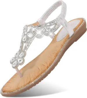 Women's Beaded Rhinestones Sandals T-Strap Bohemian Sandals Breathable Dressy Summer Shoes Outdoor