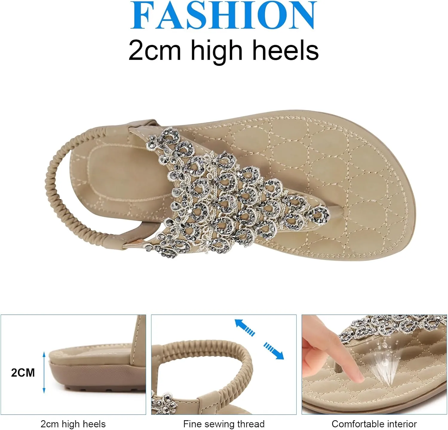 Women's Beaded Rhinestones Sandals T-Strap Bohemian Sandals Breathable Dressy Summer Shoes Outdoor