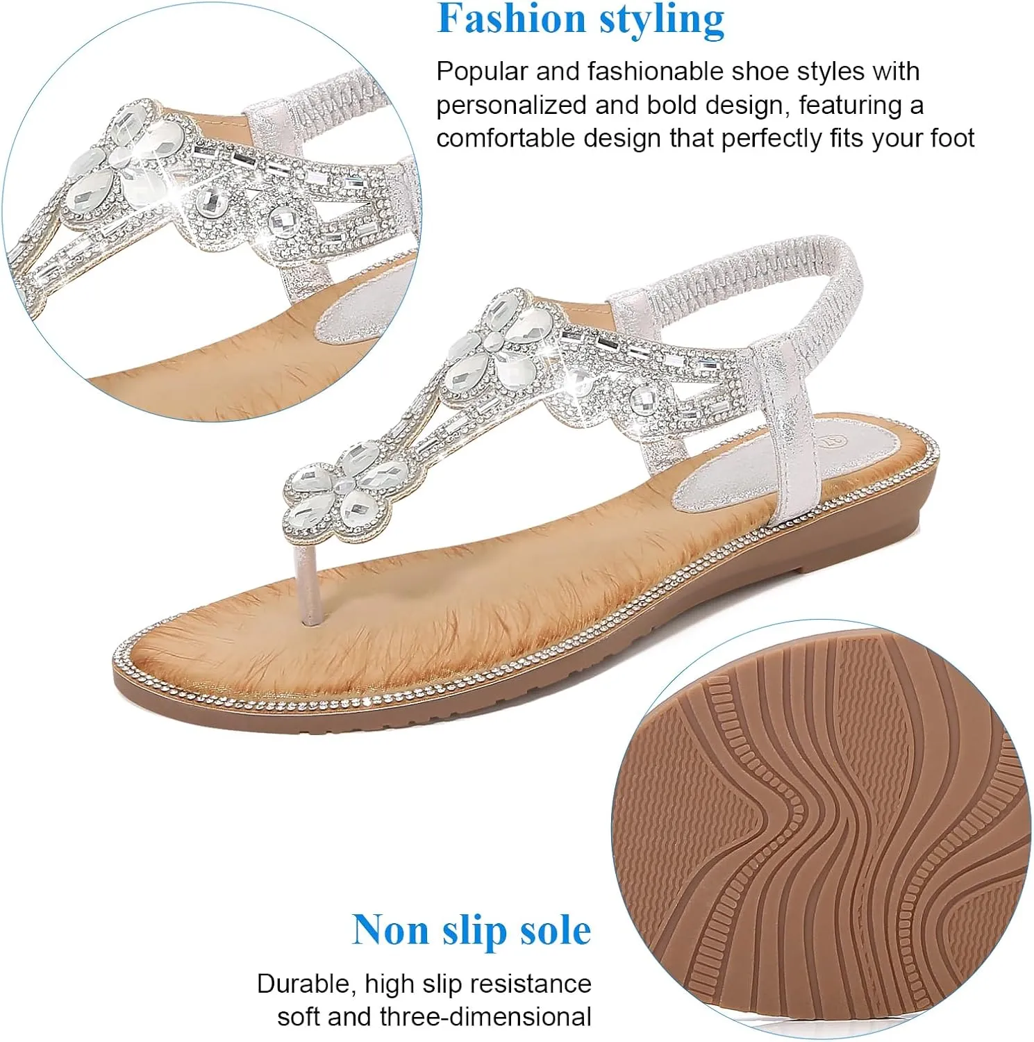 Women's Beaded Rhinestones Sandals T-Strap Bohemian Sandals Breathable Dressy Summer Shoes Outdoor