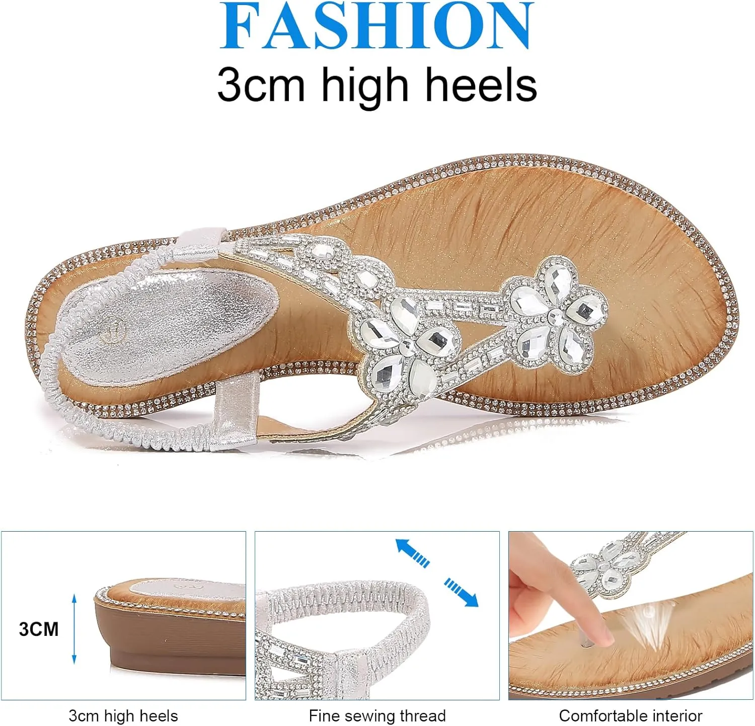 Women's Beaded Rhinestones Sandals T-Strap Bohemian Sandals Breathable Dressy Summer Shoes Outdoor
