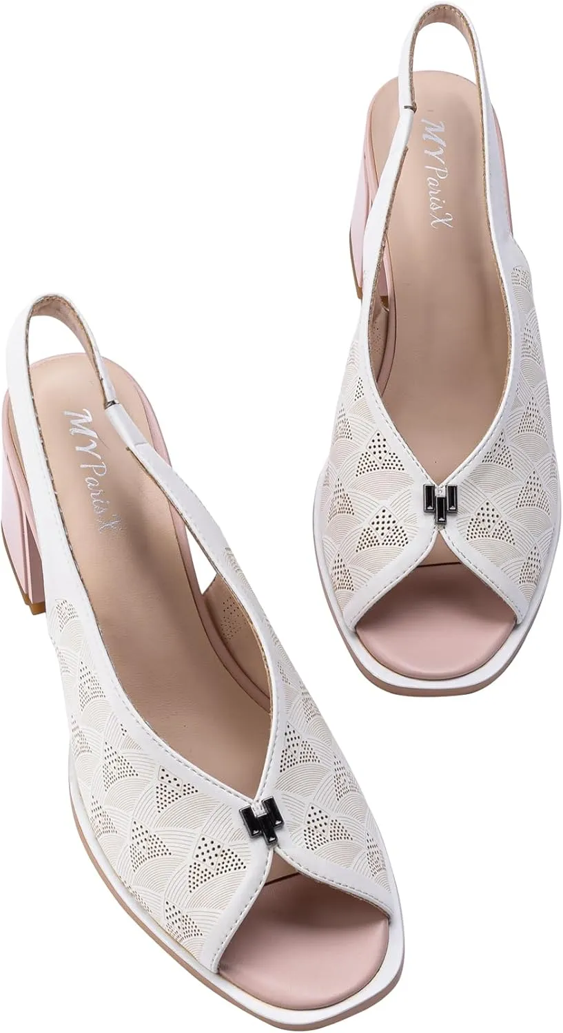 Women’s Block Chunky Medium Heel Slip-On Peep Round Toe Breathable Cut-Out Slingback Sandals Shoes