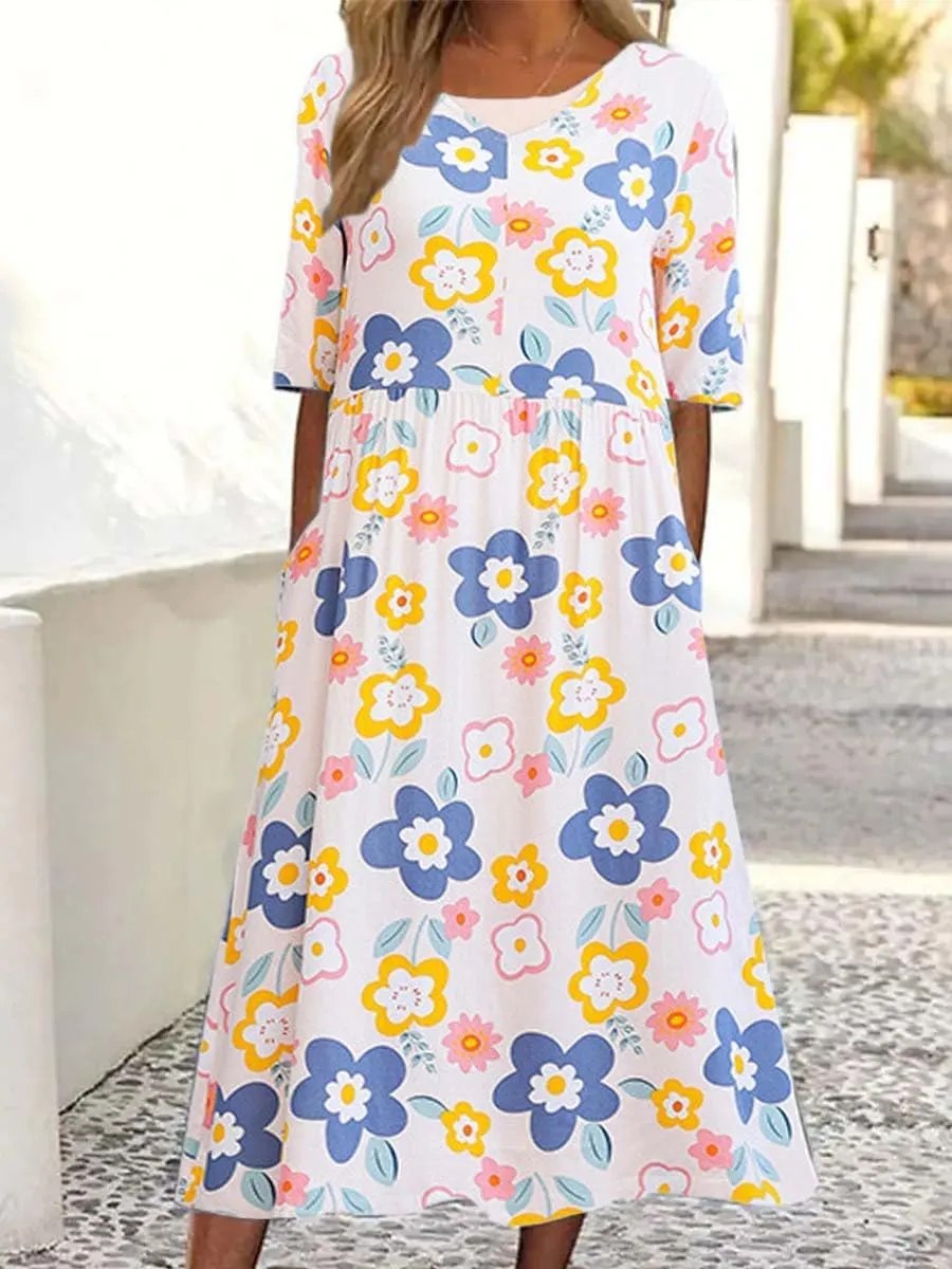 Women's Boho Floral Flowy A Line Midi Dress Loose Summer Casual Short Sleeve Beach Vacation Dresses with Pockets