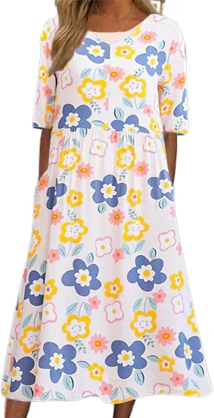 Women's Boho Floral Flowy A Line Midi Dress Loose Summer Casual Short Sleeve Beach Vacation Dresses with Pockets